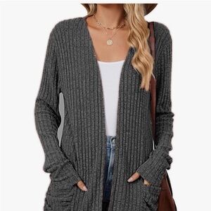 Women’s Open-Front Ribbed Cardigan Sweater - Charcoal Gray